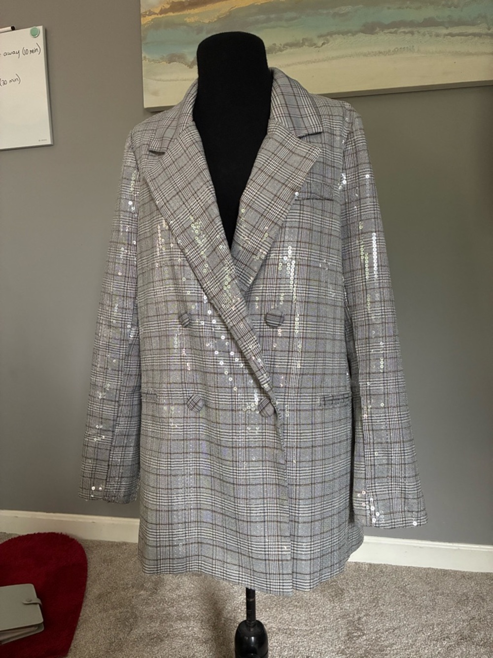 Jason Wu Women's Gray Plaid Sequin Double-Breasted Blazer